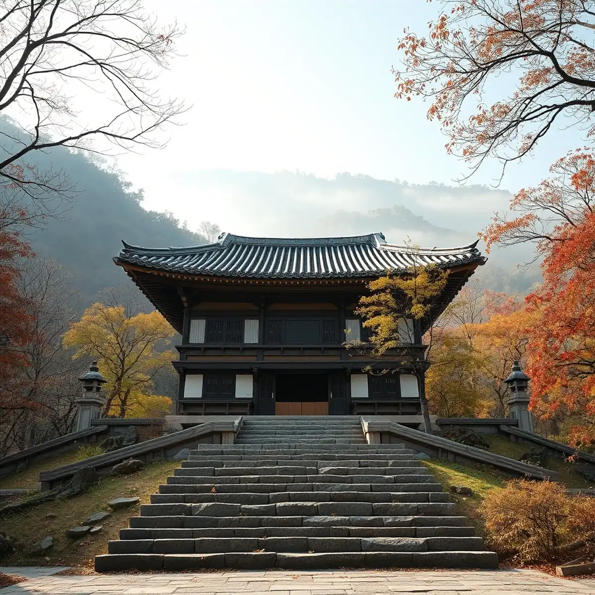 韓国の伝統的な教会が山裾に位置し、秋の紅葉と霧に包まれた山中で、金色の光が木々の葉をなぞっている風景。
