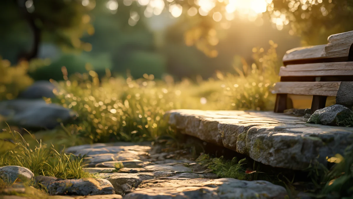 Außenterrain, natürliche Elemente, grün, auf einem Steinstuhl sitzend, Golden Hour, 85mm-Objektiv, flache Schärfe, photorealistisch, scharfe Schärfe, hohe Details