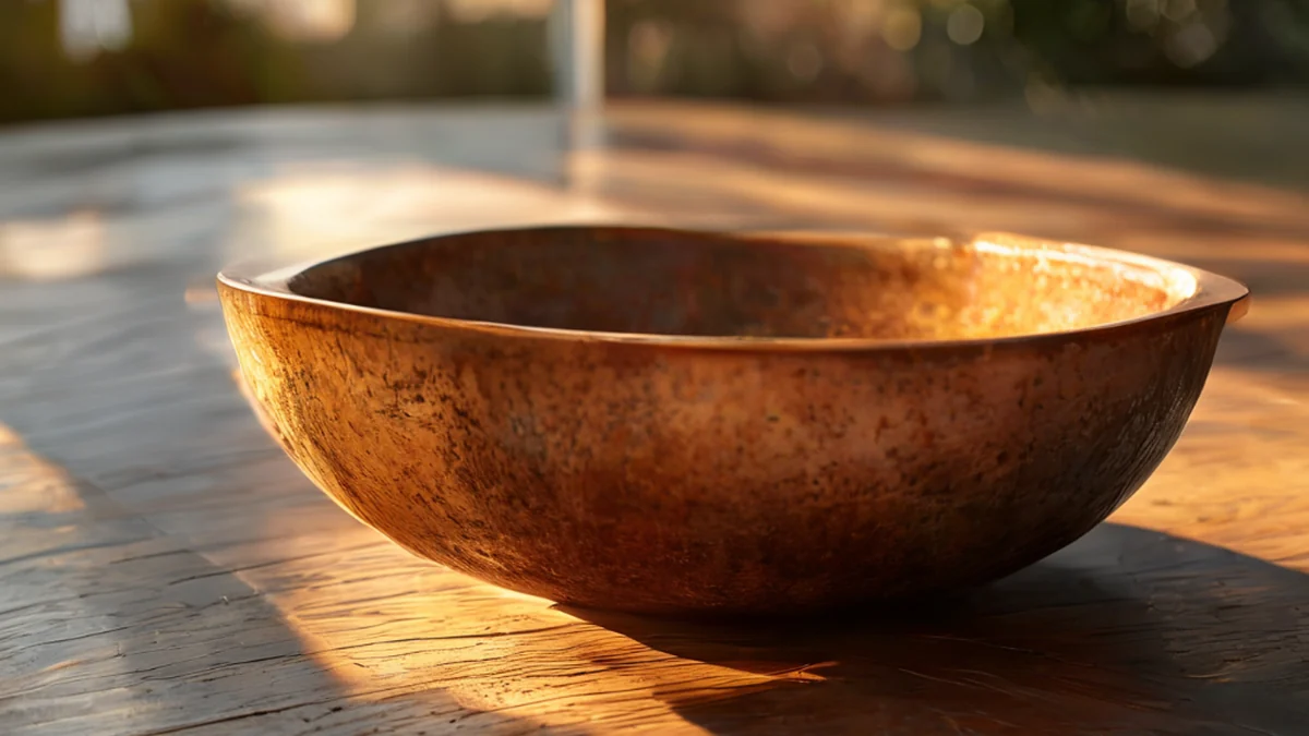 Ein großer, rostige Metallbasin, tief gekrümmte Form, auf einem einfachen Holztisch, unter goldenem Stundenschein, flache Schärfe, photorealistisch, scharfe Schärfe, hohe Details