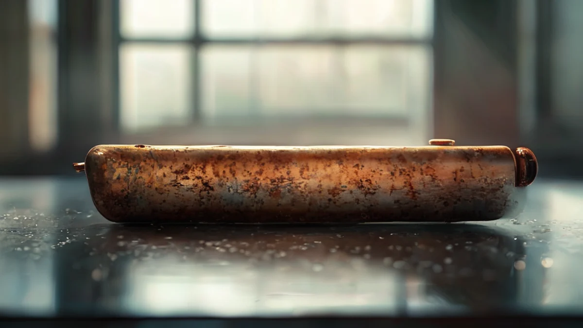 Un tubo metálico muestra signos de óxido y oxidación.