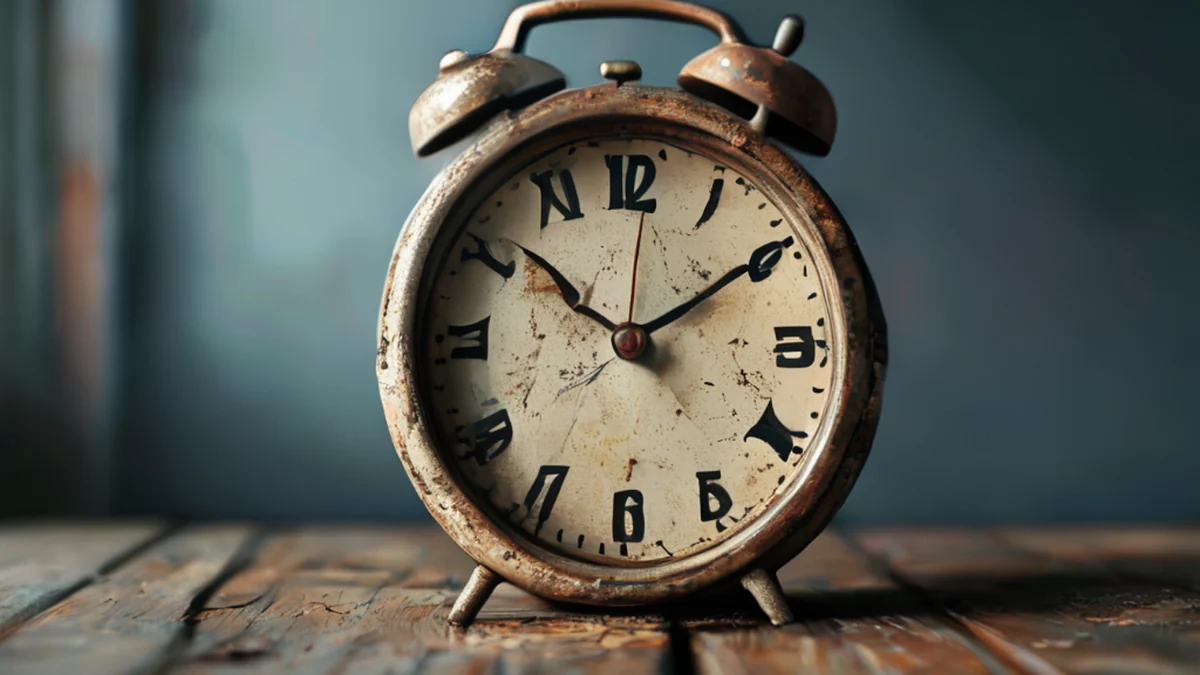 Un reloj antiguo con números desgastados y un rostro dañado.