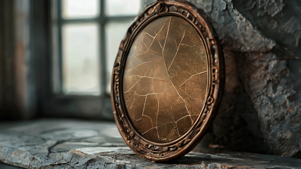 Un miroir en bronze rouillé avec des inscriptions délavées et un cadre usé.