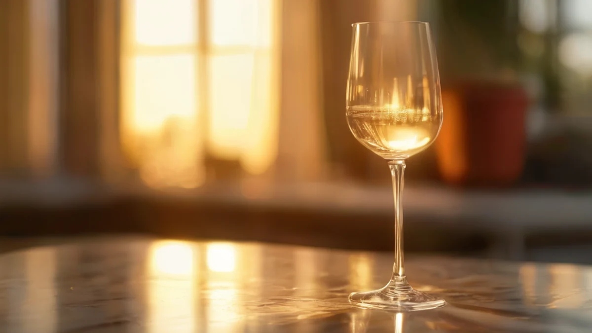 Un vaso di vino trasparente, con un manico sottile e una bocca larga, con liquido all'interno.