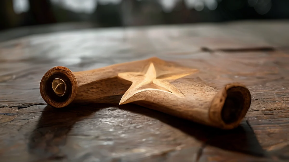 Un rollo de madera con un borde estrellado, centrado en una mesa simple, luz de día nublado, profundidad de campo baja, fotorealista, enfoque neto, detalles altos