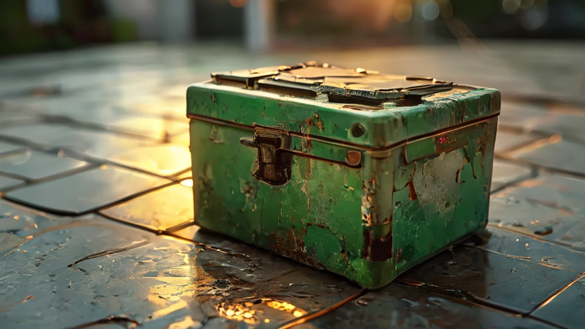 Boîte en métal avec plusieurs compartiments pour batteries.