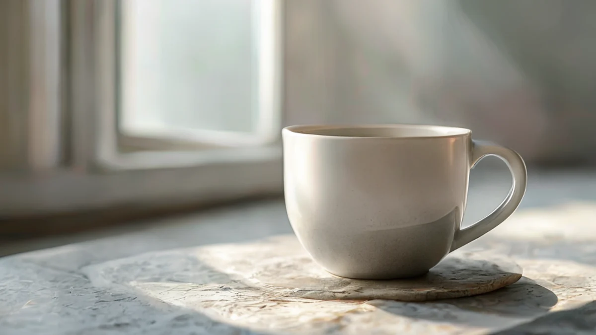 Uma taza de porcelana branca com um suporte e um suporte.