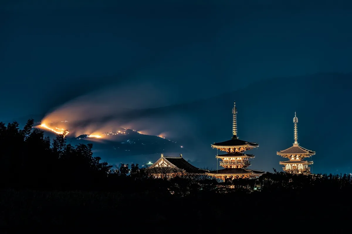 temple, night view, yakushiji temple, world cultural heritage, nara, seasonal event, wakakusa yamayaki, japan, temple, night view, nara, japan, japan, japan, ja