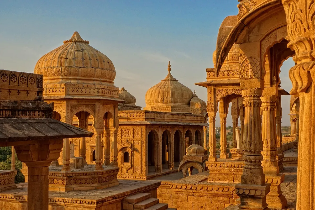 temple, building, golden hour, dome, bada bagh, cultural site, historical, architecture, travel, religion, dome roof, evening sun, india, jaisalmer, evening lig