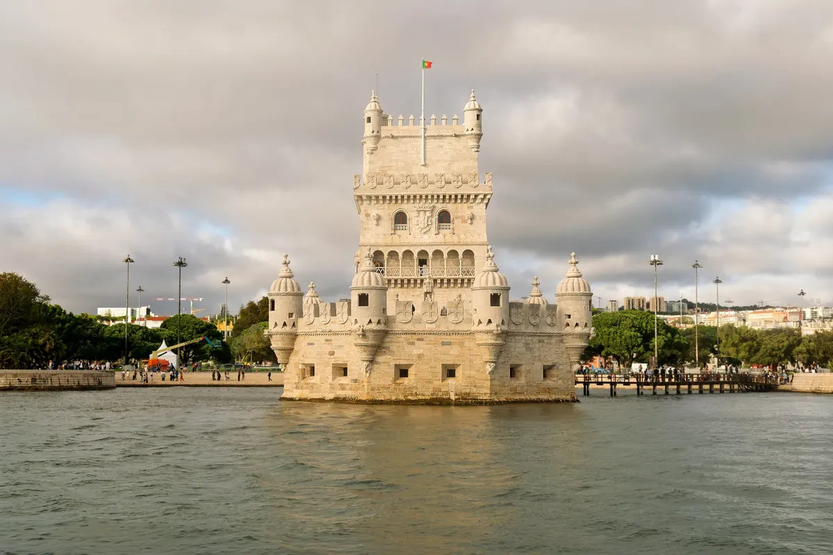Iconic Torre de Belém by the Tagus River in Lisbon, Portugal, a UNESCO World Heritage Site.