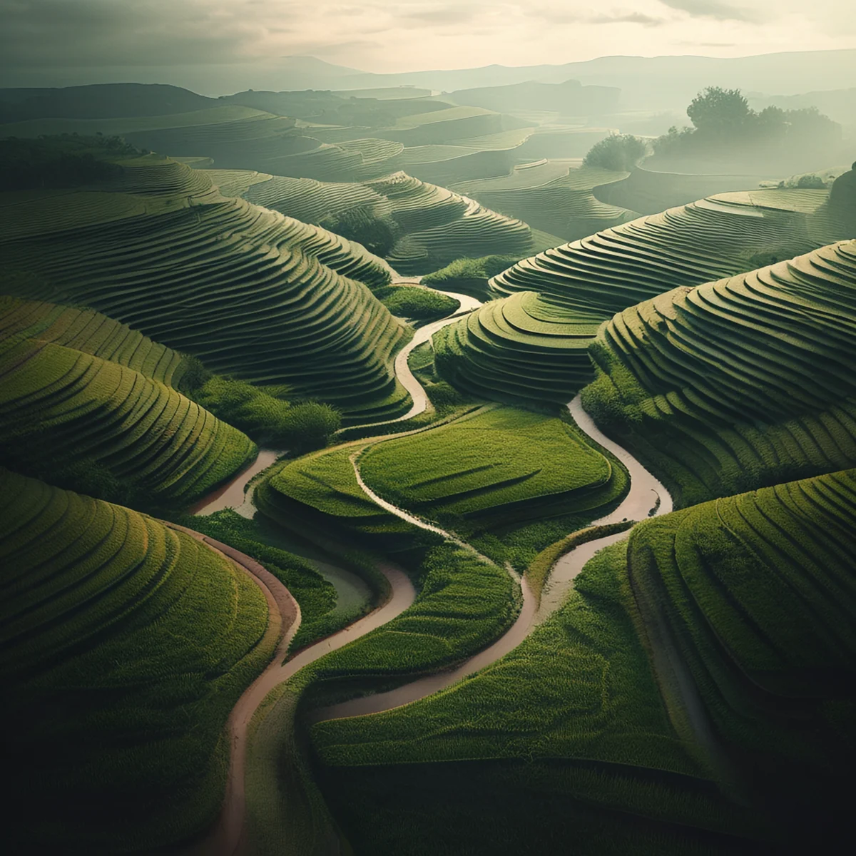 Top-down photograph of geometric ancient terraced fields in soft pastel hues