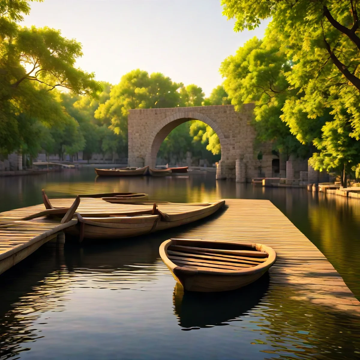 Eye-level 3D render of a historic stone bridge and wooden boats under warm lighting