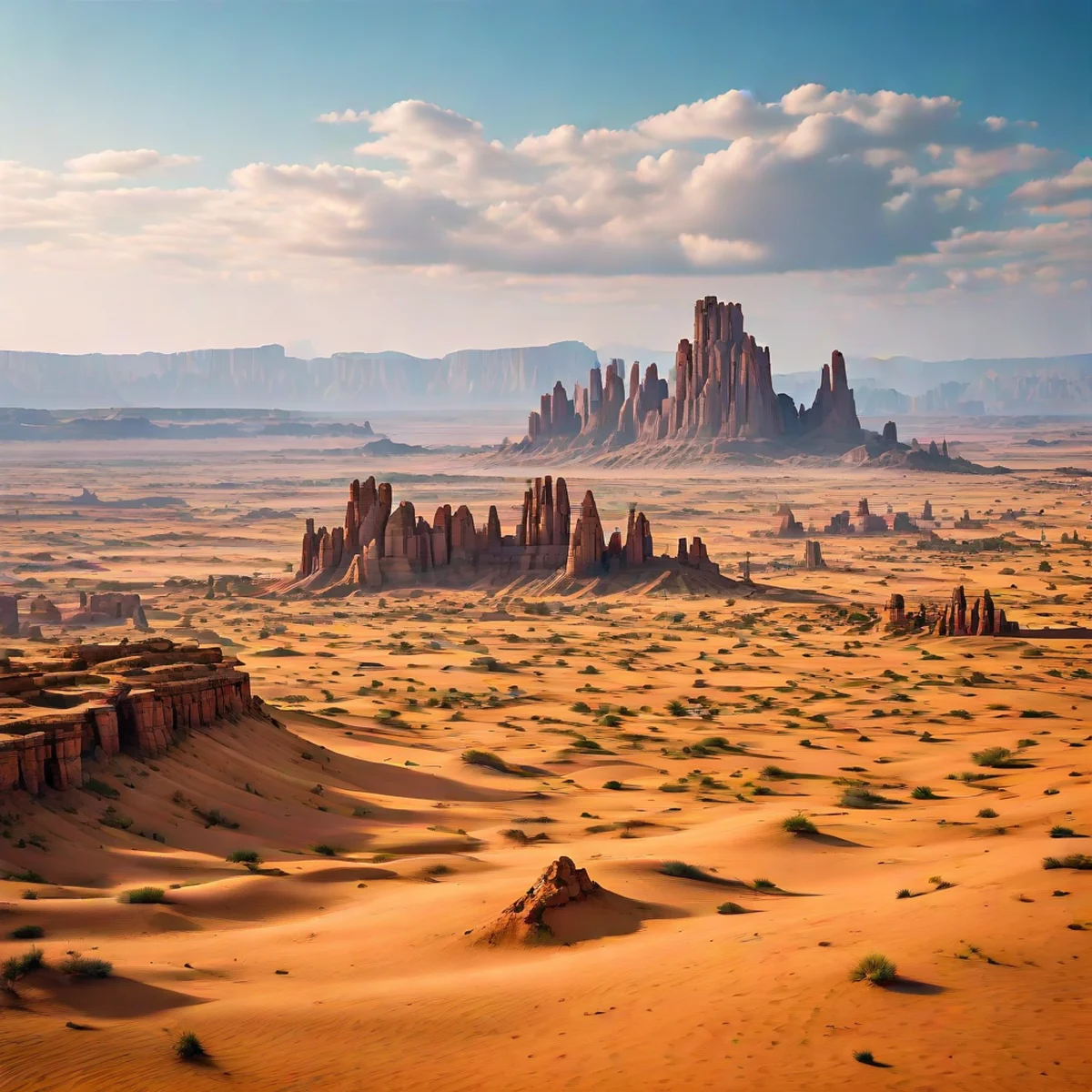 Wide documentary photo of a desert landscape with ancient rock formations and a distant fortress