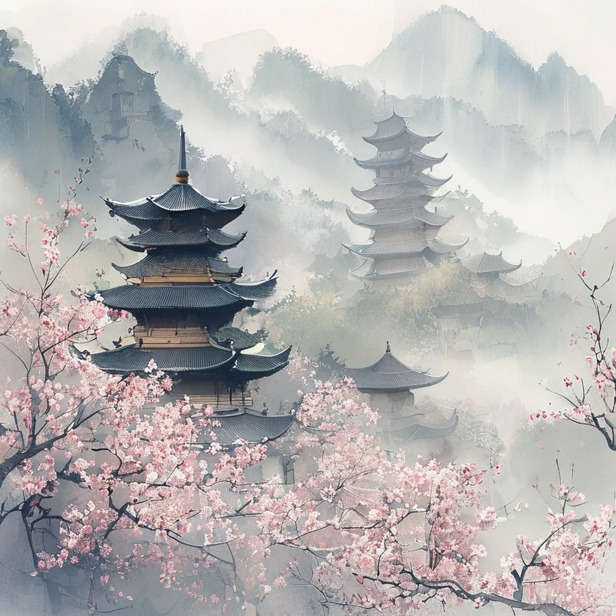 Watercolor illustration of ancient pagoda roofs under soft overcast skies